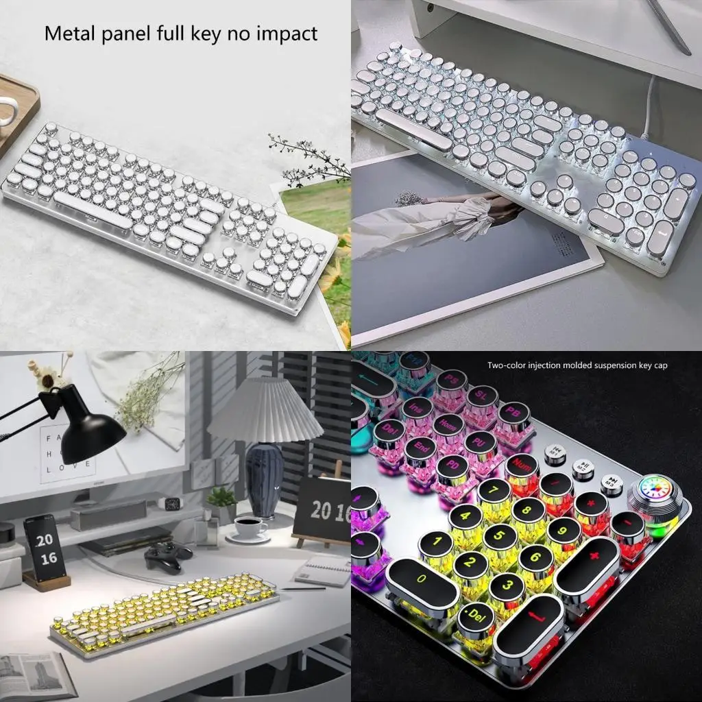 

652F White Backlit Mechanical Keyboard with 104-Key Retro Round Punk Keycaps Typewriter Media Knob, White