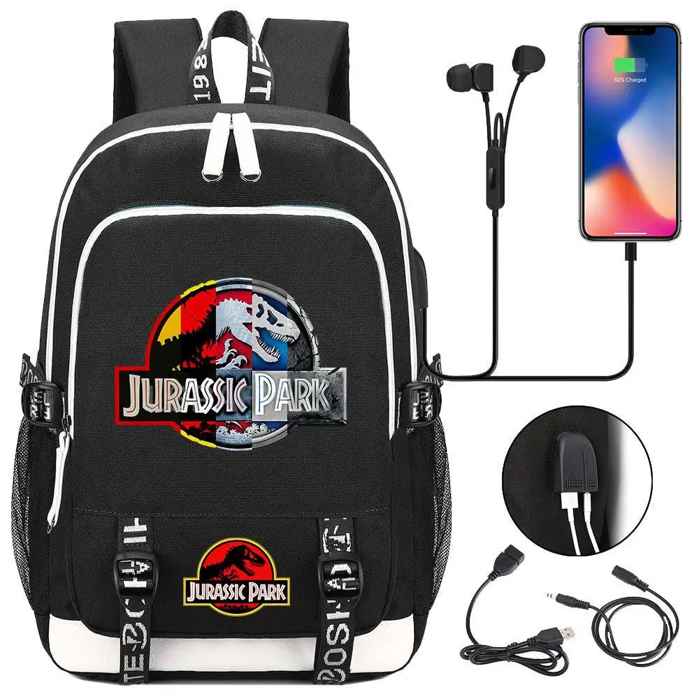 Jurassic World Plecak USB do ładowania Wodoodporny plecak Akademia Torby szkolne Komputerowe plecaki podróżne 18-calowy laptop Mochilas