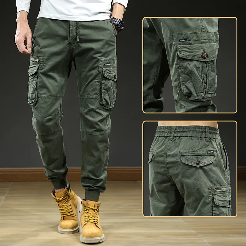 

2025 New Fashion Vintage Men's Solid Color Casual Trendy Multi Pocket Elastic Loose Jogger Trousers Male Cargo Pants Clothes