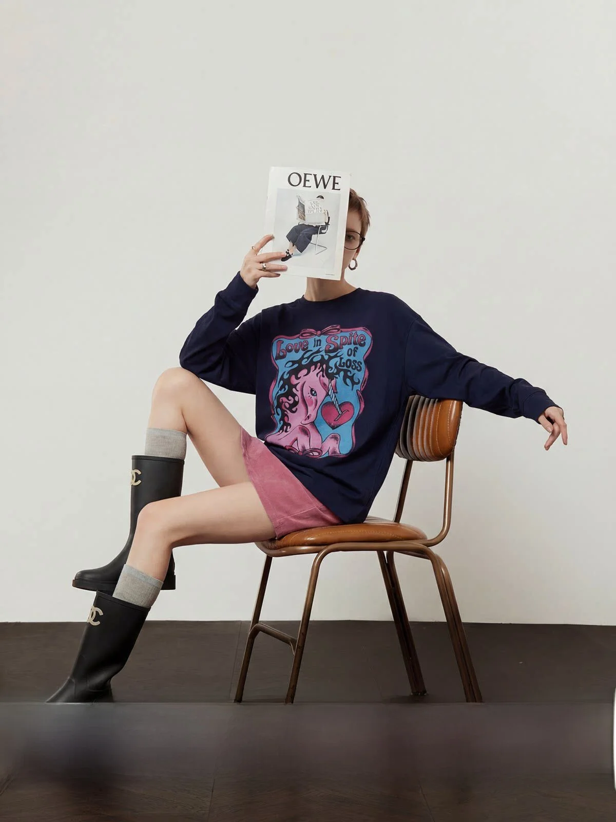 

Свободный крой, круглый вырез, с флисовой подкладкой, темно-синий, очень удобный, с длинными рукавами, с принтом, толстовка Jie Brand