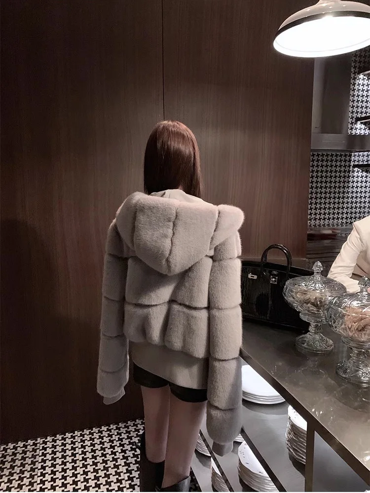2025 ملابس نسائية عالية الجودة تشبه المنك تقليد الفراء مقنعين معطف طويل الأكمام شتاء جديد 1116 #3