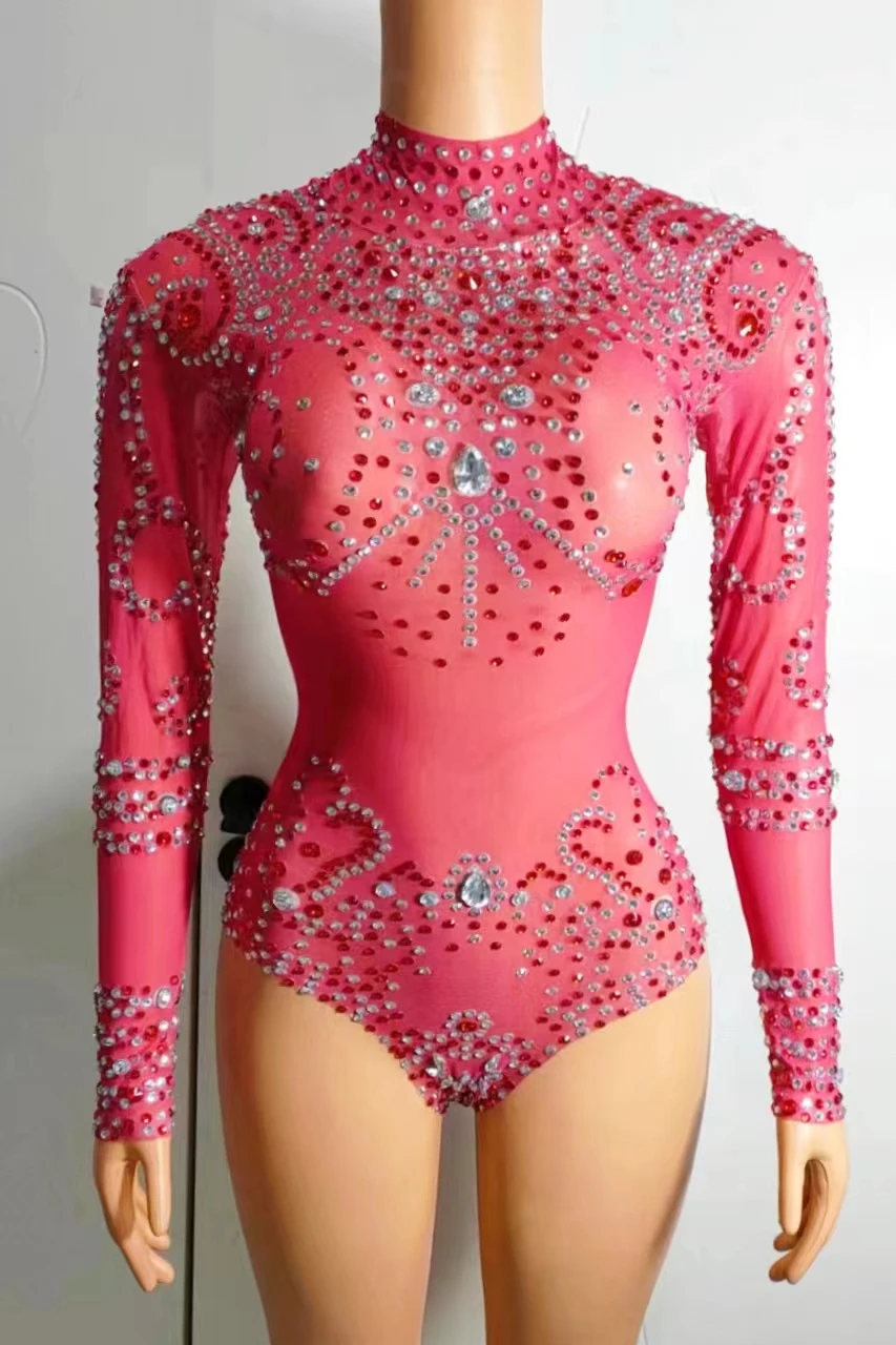 

Sparkly Crystals Long Sleeve Mesh TransparentBodysuit Sexy Dance Costume Birthday PartyNight Outfit Women Leotard Stage WearA031