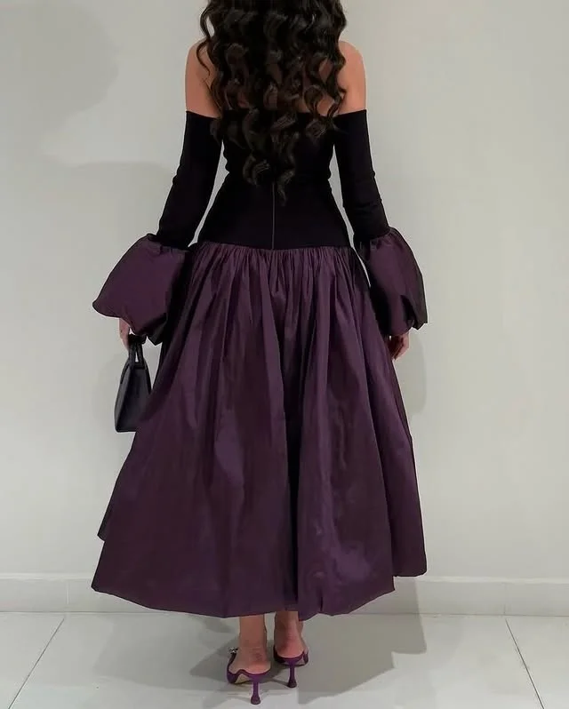 검정색과 보라색 A라인 댄스 파티 드레스 끈이 없는 짧은 이브닝 가운 긴 소매 티 길이 공식 파티 드레스