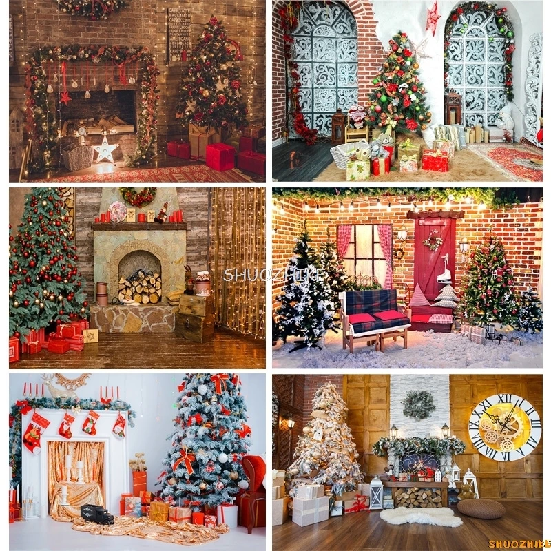 

SHUOZHIKE Christmas Day Photography Backdrops Prop Christmas Tree Fireplace Photographic Background Cloth CHM-005