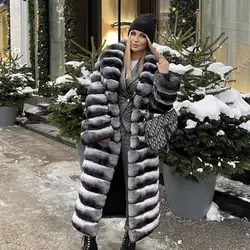 Best Selling Real Rex Rabbit Fur Coat Women Long Chinchilla Fur Coat Winter Women's Fur Jackets Brand Contrast Warm