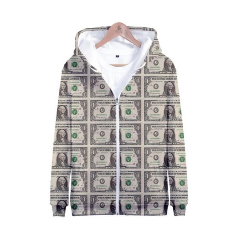 Fashion Dollar Pattern Zipper Hoodie Trend Autumn Long Sleeve 3D Banknotes Printed Sweatshirt Loose Casual Streetwear Pullovers