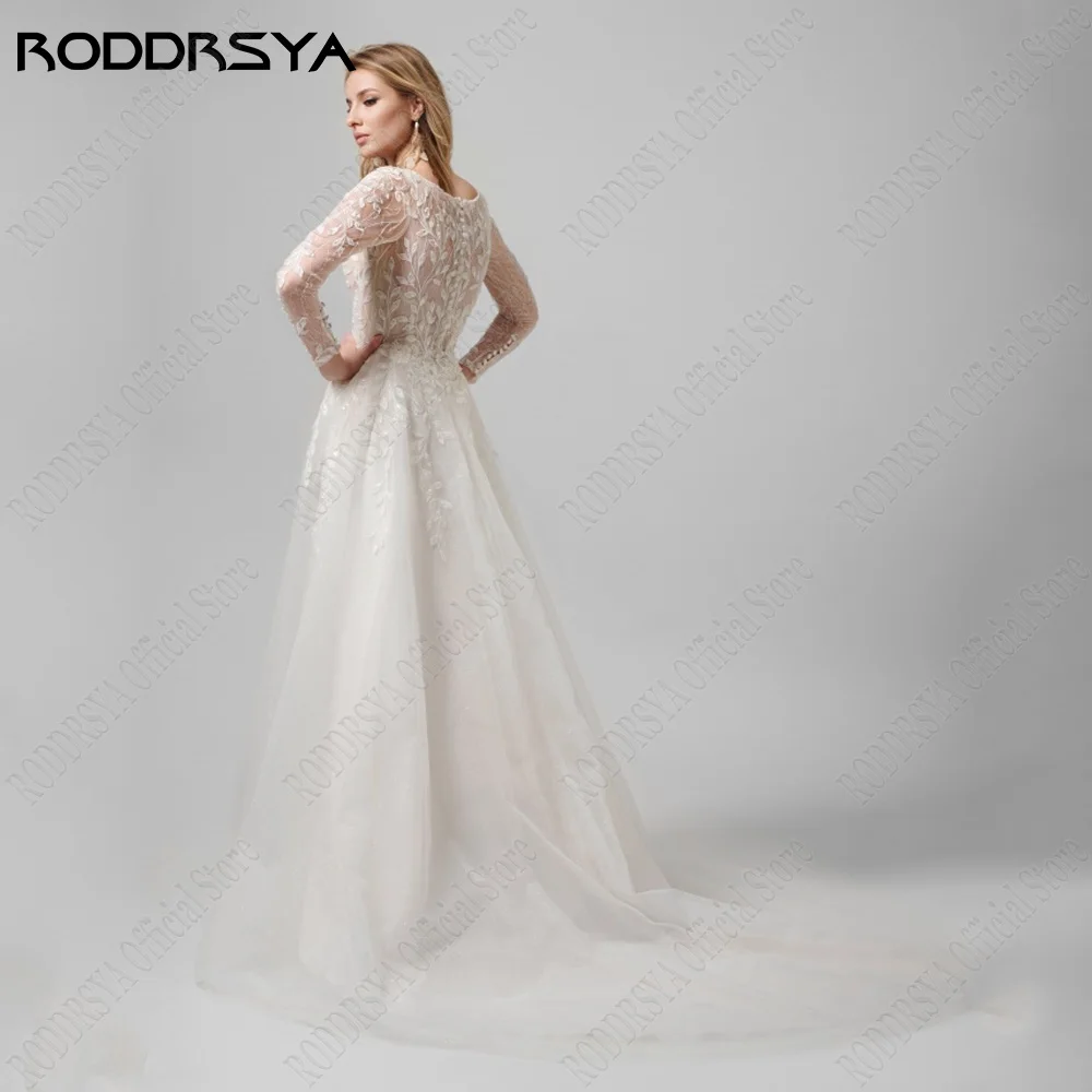 Roddrsy Elegante Trouwjurk Met Lange Mouwen V-Hals Illusie Rug Bruid Feestjurken Applique A-Line Tulle Vestido De Noiva