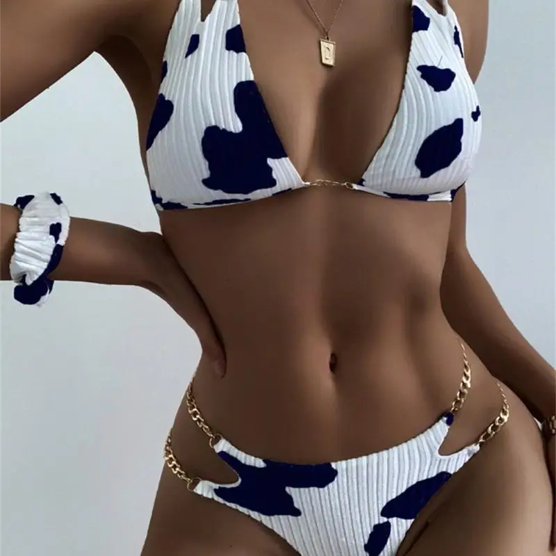 Traje de baño con abertura y cadena para mujer, conjunto de Bikini Sexy con agujeros, traje de baño con cordones, ropa de playa brasileña, 2022