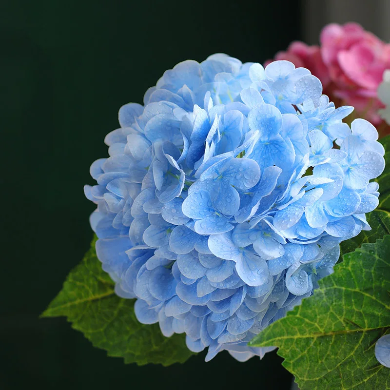 Blue Artificial Hydrangea Flowers Real Touch Green Artificial Hydrangea Branches Decoration Wedding Bouquet Flower Arrangement