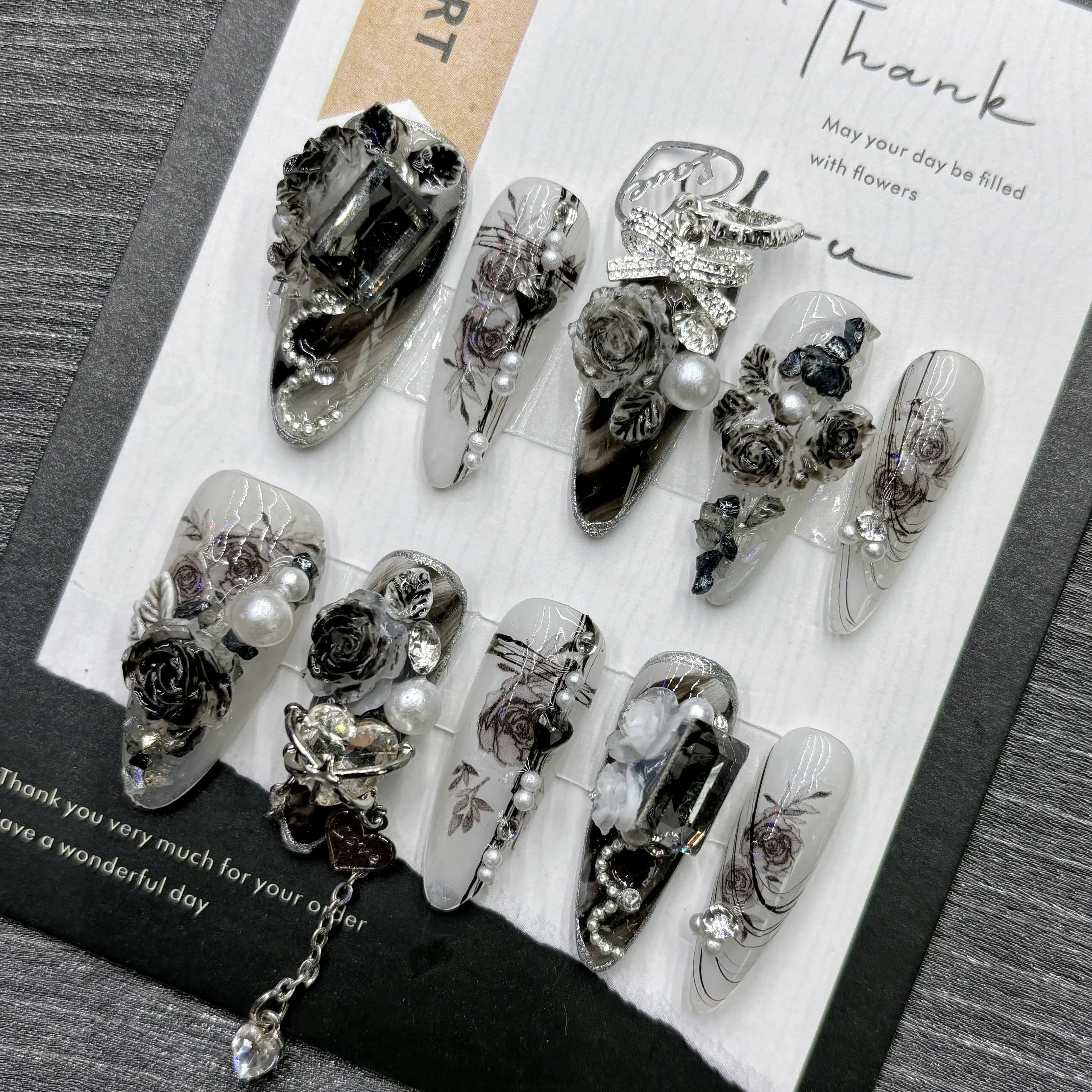 

Gothic Black Rose Press On Nails Medium Coffin 3D Black Rose Bow Heart Chain Charms Black White Nail Art Set