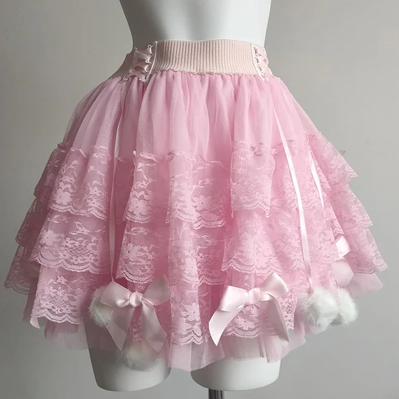 Cute Multilayered Lace Skirts for Sweet Girls Summer Bows Decoration Elastic Waist Lolita Style White Skirt Kawaii Clothes