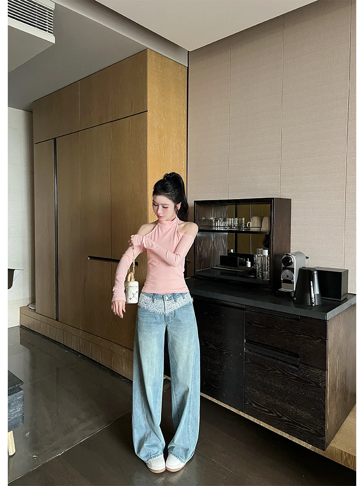 

LADIES FIRST Korean Sle Lace Splicing Denim Pants Women's Casual High Waist Straight Leg Pants Mid-Length Faionable