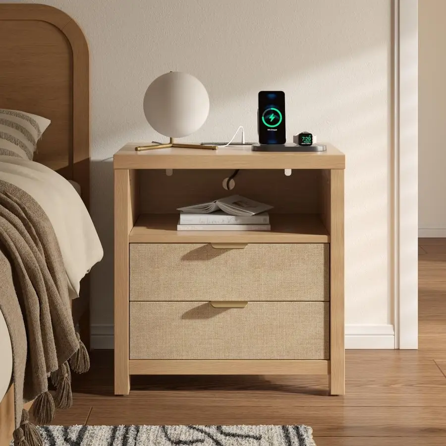 

Nightstand with Charging Station, Accent Night Stand with 2 Drawers and Storage Shelf, Slide Drawer Bedside Table for Bedroom, N