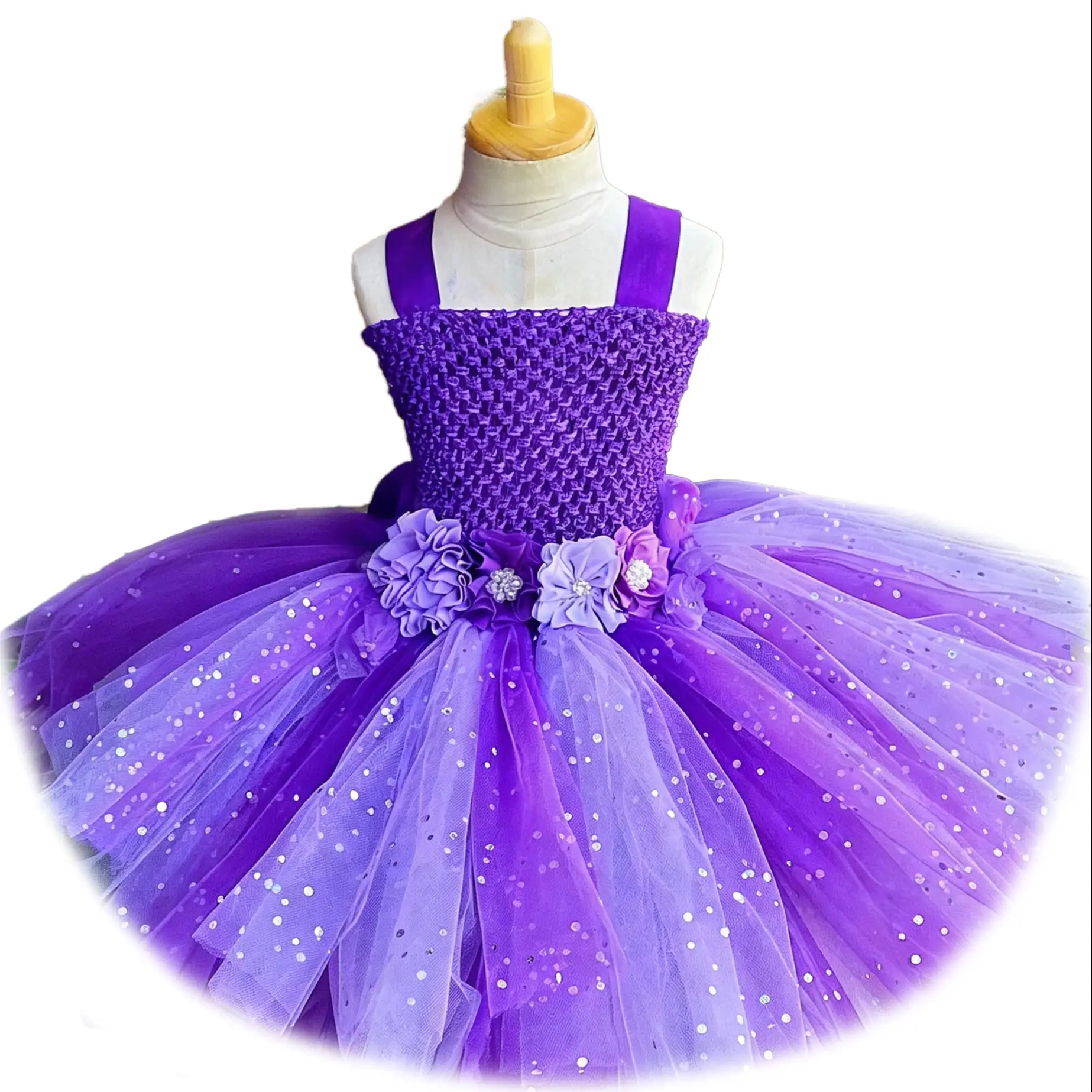 Girls Purple Flower Fairy Dress Kids Glitter Tutu Dresses Children Birthday Christmas Party Costumes Photography Dress Cloth
