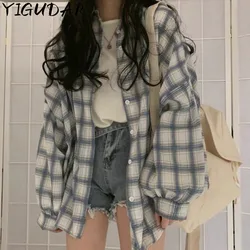 Fashion Plaid Women Shirt Fashion Korean Oversize Tops Harajuku Daily All-match Long Sleeve Chic Female Yellow Shirts New