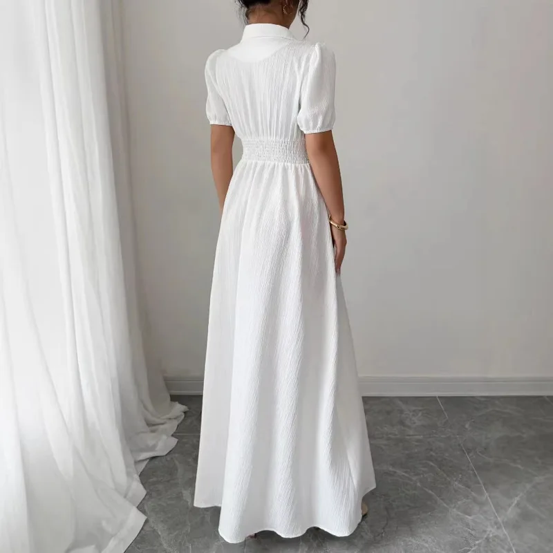 White V-neck Long Dress French Style Waist Collection 2026 Cross Border New Fashionable Elegant Women's Gown