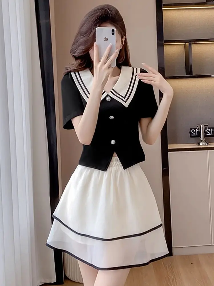 New Summer Fat Mm Fashionable Sweet Age-reducing Small Fragrance Top Temperament Half-body Skirt Two-piece Set Women's Clothing