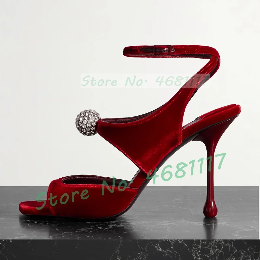 Red Velvet Square Toe Sandals With Sparkling Crystal Women Party Elegant High Heels Cross Strap Luxury Evening Dress Sandals