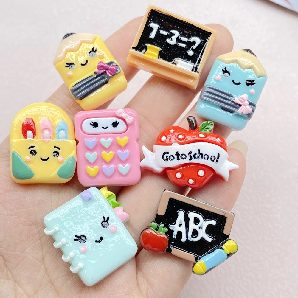 8PCS Resin Cartoon hand drawn stationery blackboard, books, brush Flat Back Home Decor DIY Scrapbook Crafts Jewelry Accessories