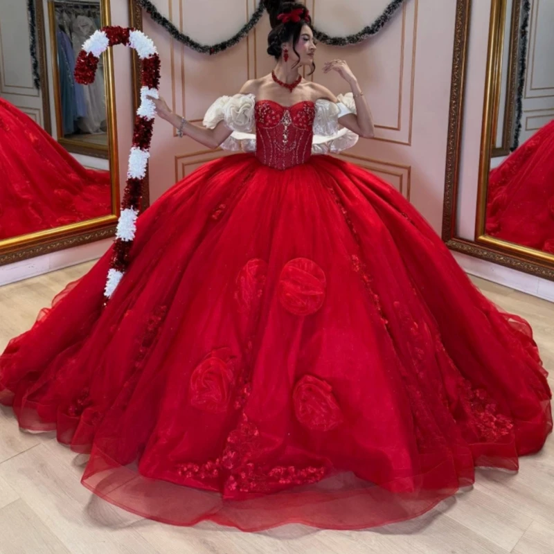 

Red Shiny Quinceanera Dresses Off The Shoulder Applique Flower Beads Tull Corset Party Birthday Sweet 16 Dres Vestidos 15 anos