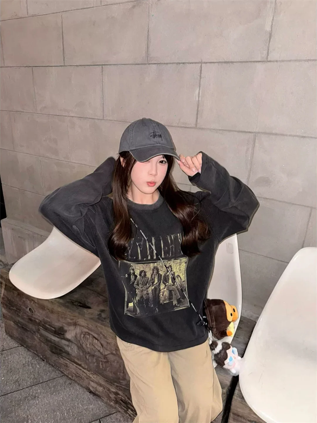 Washed Long Sleeve American Style Portrait Print Waffle Pattern Women's T-shirt Loose Casual Vintage Top for Autumn