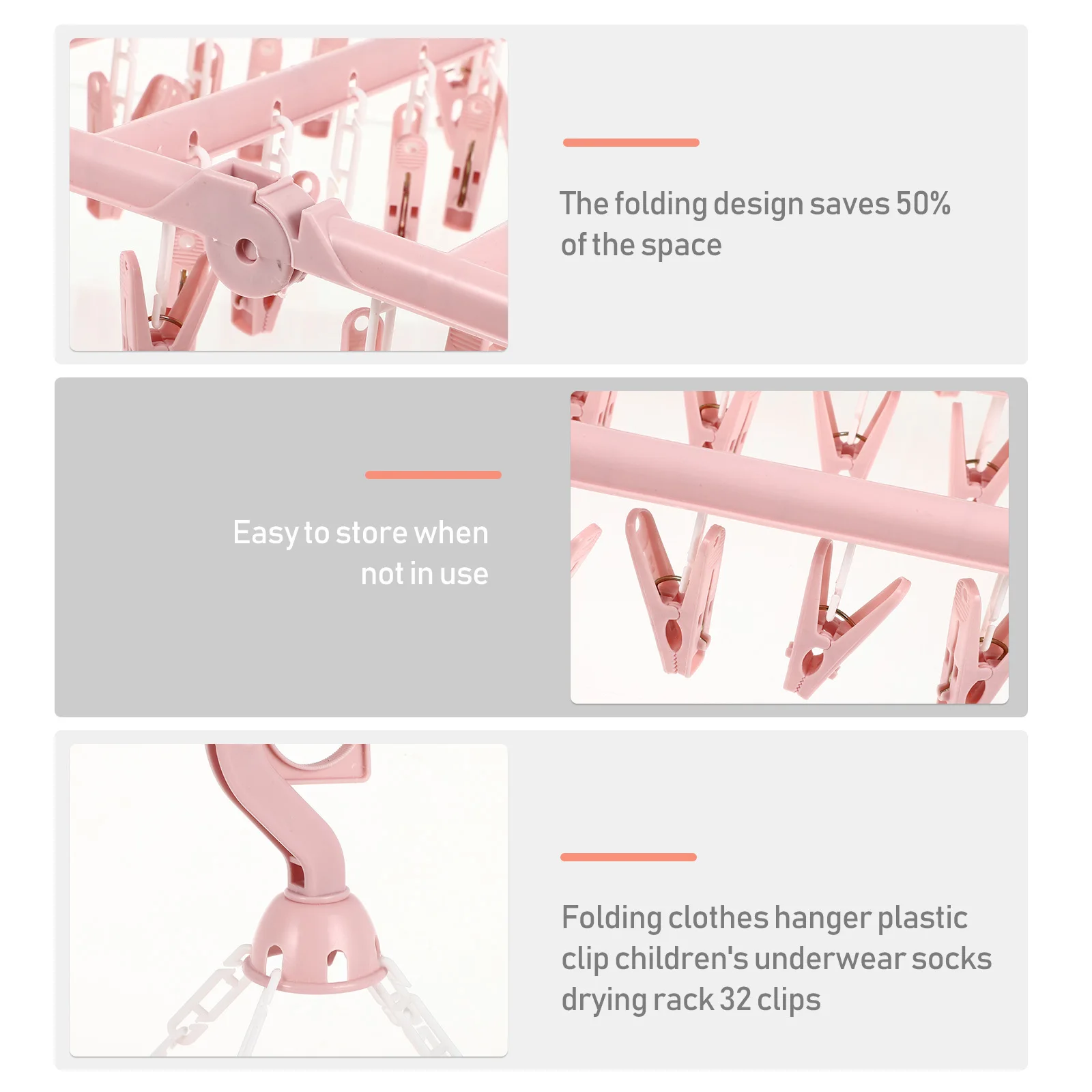 

32 Clips Foldable Drying Rack Plastic Hangers Anti-Uv Steel Spring 360 Degree Rotating Hook Space Saving Red Sock Drying Rack