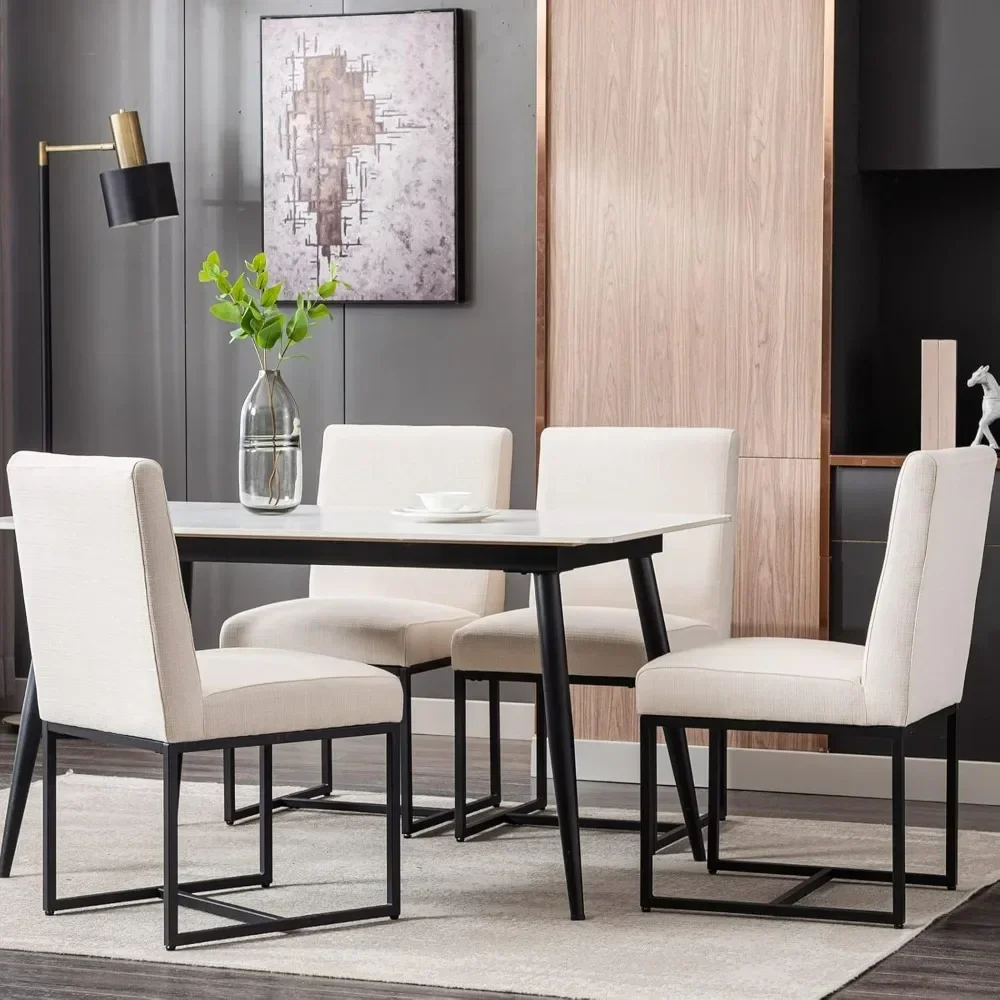 Modern 6-piece dining chair set, linen fabric dining chair side chairs, black metal frame, cream color