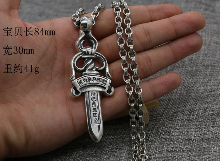 European and American Personality Sword Pendant Thai Silver 925 Sterling Silver Necklace Long Sweater Chain Pendant Men's Fashio