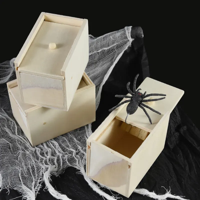 Halloween Trick Spider Scare Box Wooden Fun Game Hidden Box Prank Trick Horror Props Kids Gifts Halloween Party Decorations