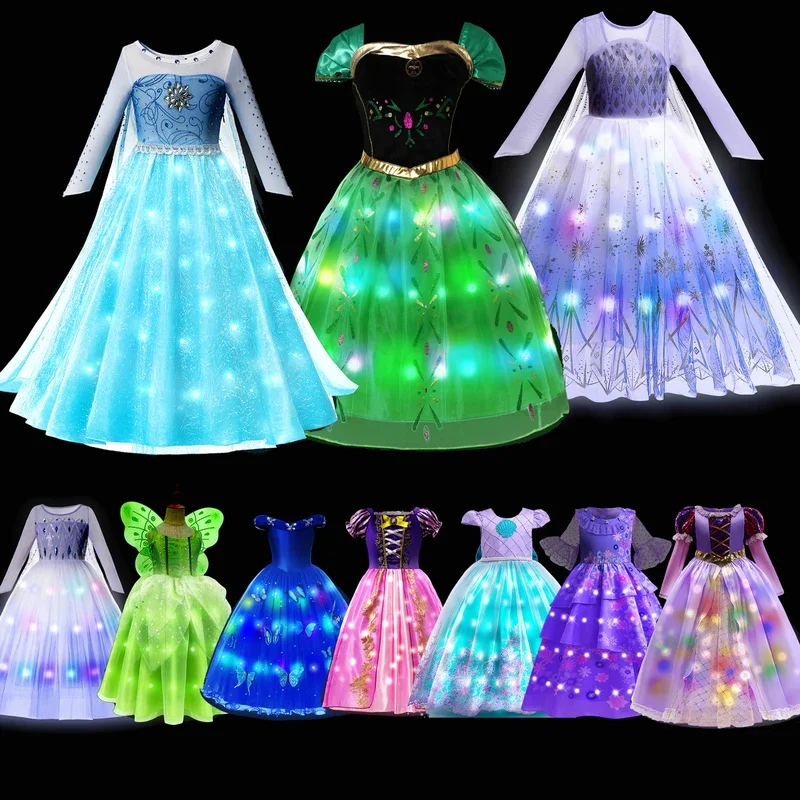 Frozen Princess Elsa Anna Tinkerbell Fairy LED Light Up Dress for Girls Kids Cosplay Party Mermaid Rapunzel Carnival Clothes