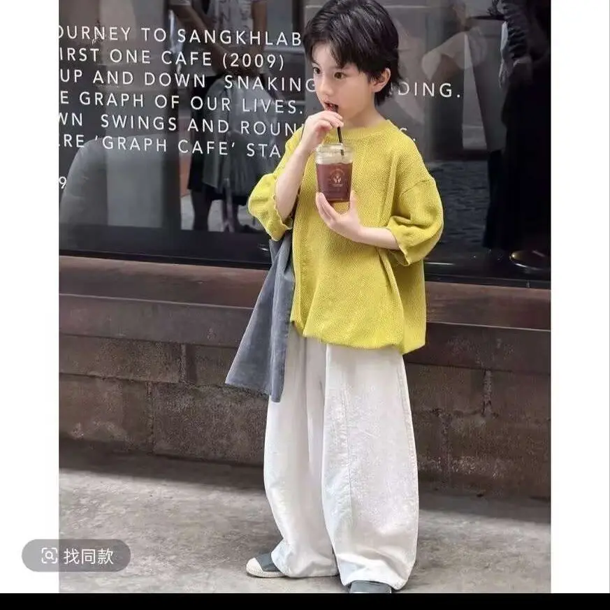 Summer Baby Boys Children Suits Kids Fashion Casual Yellow Soft Cotton TShirt+Loose Pants 2Pcs Sets Handsome Streetwear Outfit