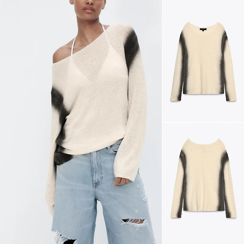 

Весенний женский вязаный свитер Long Sve с круглым принтом Ne, свободный крой из полиэфирного волокна, дизайн с эффектом выцветания