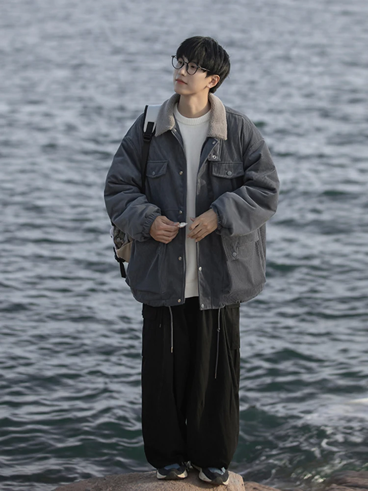 2025 Winter Japanese Retro Men's Coffee Corduroy Cotton Jacket Casual Fleece Lined Thickened Workwear Blue Beige Cotton Coat