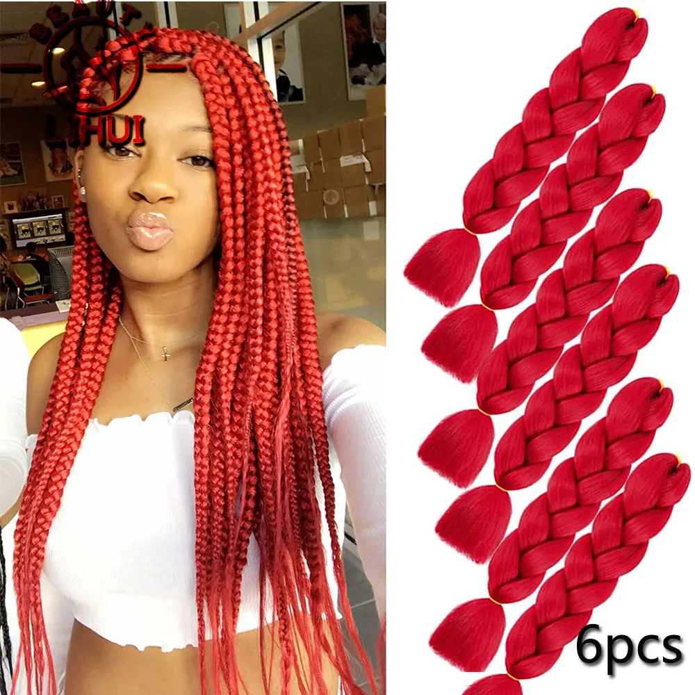 

24inch Synthetic Braiding Hair Extensions 6pcs Wholesale Colorful Braids Hair Jumbo Braid Hair Red Black Brown Lihui