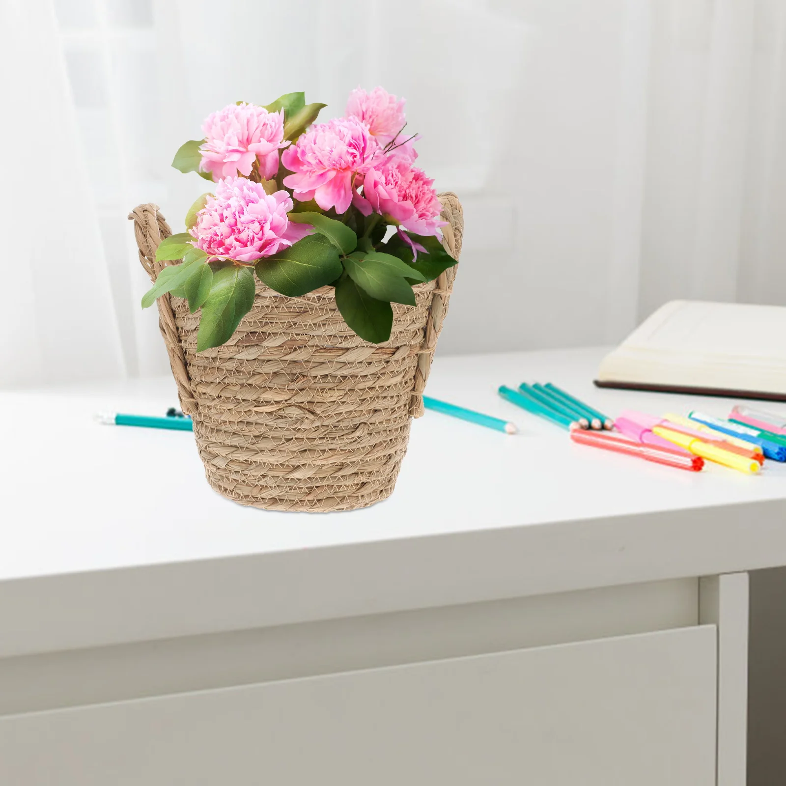 

1Pcs Straw Flowerpot Retro Seaweed Planter Storage Basket Multipurpose Holder for Indoor Plants Makeup Toiletries Organizer