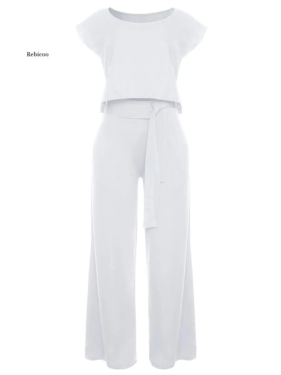 2 PCS Women's Summer Pantsuits Short Sleeve Shirts  High Waist Bow Pants Oversize Sexy Straight Outsuit Pants Set Playsuit 2021