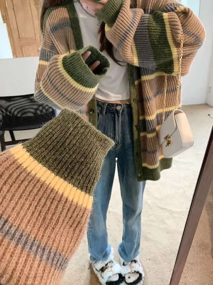 V-neck Japanese style lazy style striped design sweater jacket for women spring and autumn loose outer wear knitted cardigan