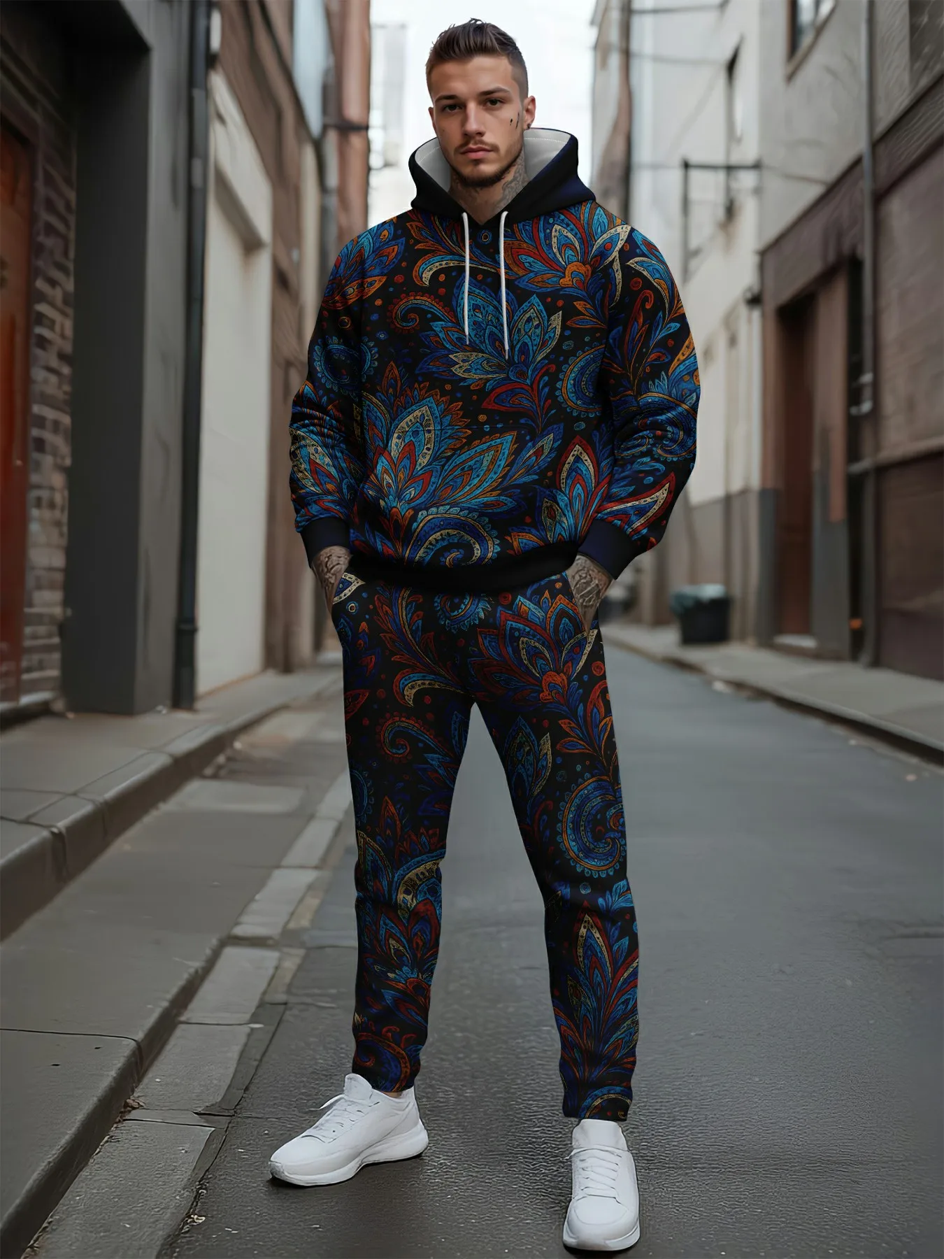 طقم بدلة رياضية من الصوف بطباعة ثلاثية الأبعاد للرجال، سويت شيرت كاجوال فضفاض بقلنسوة، موضة جديدة دافئة #3