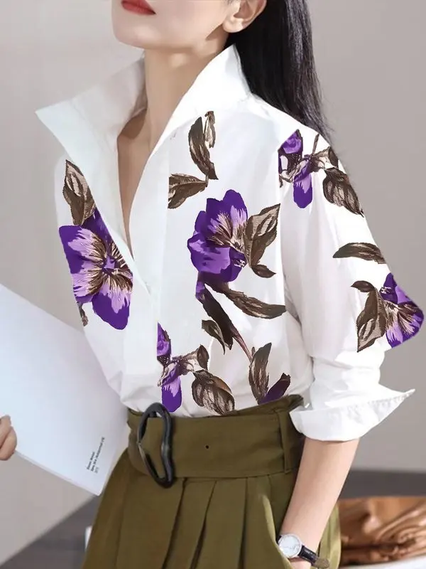 Modigirl 2025 Summer Spring Casual White Shirts for Women Long Sleeves Urban Elegant Stand Collar Woman Flower Print Blouse Tops