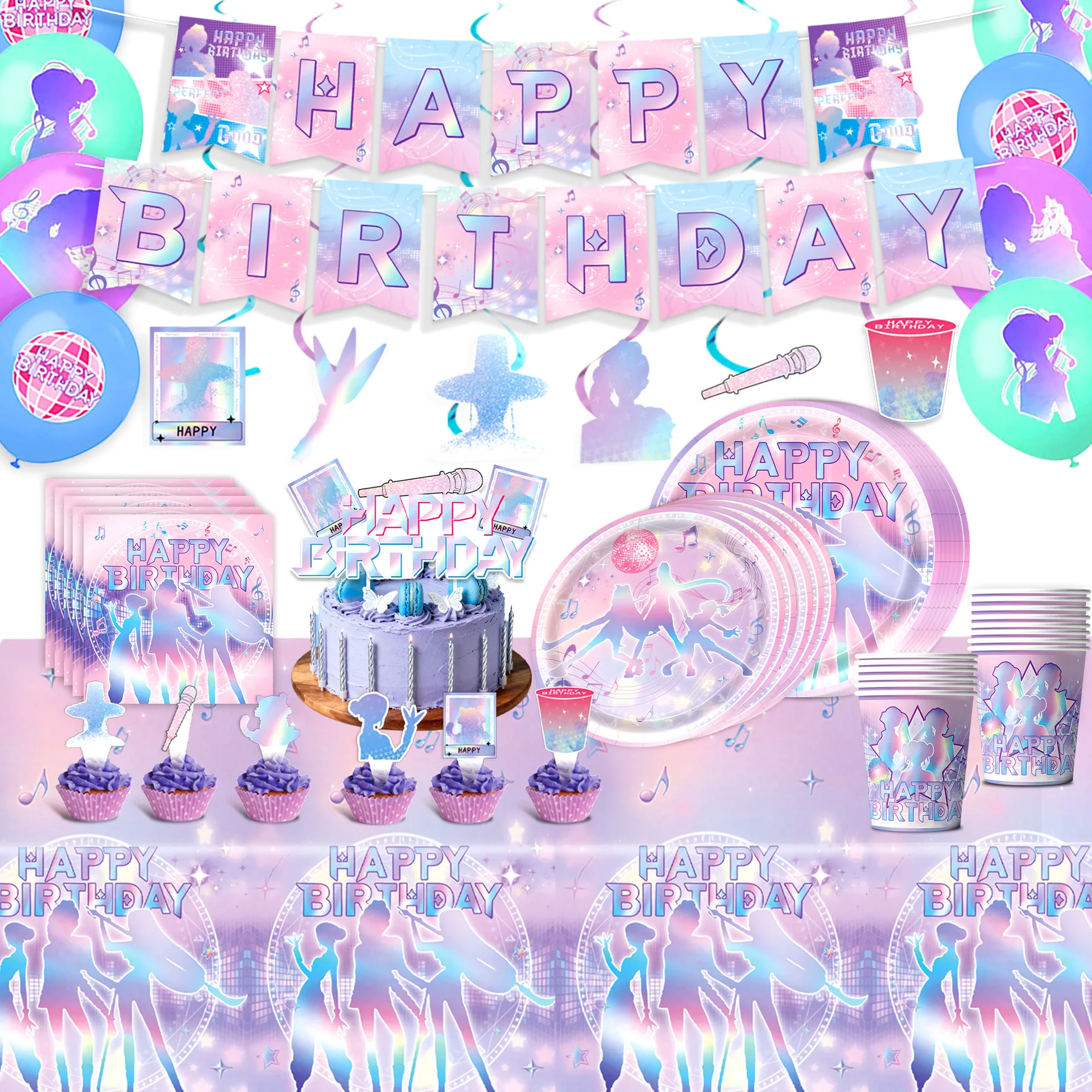Kpop Rosa Lila Geburtstagsparty Dekoration Tischgeschirr Pappbecher Teller Servietten Geschenktüte für Kinder Babyparty Zubehör Partygeschenke