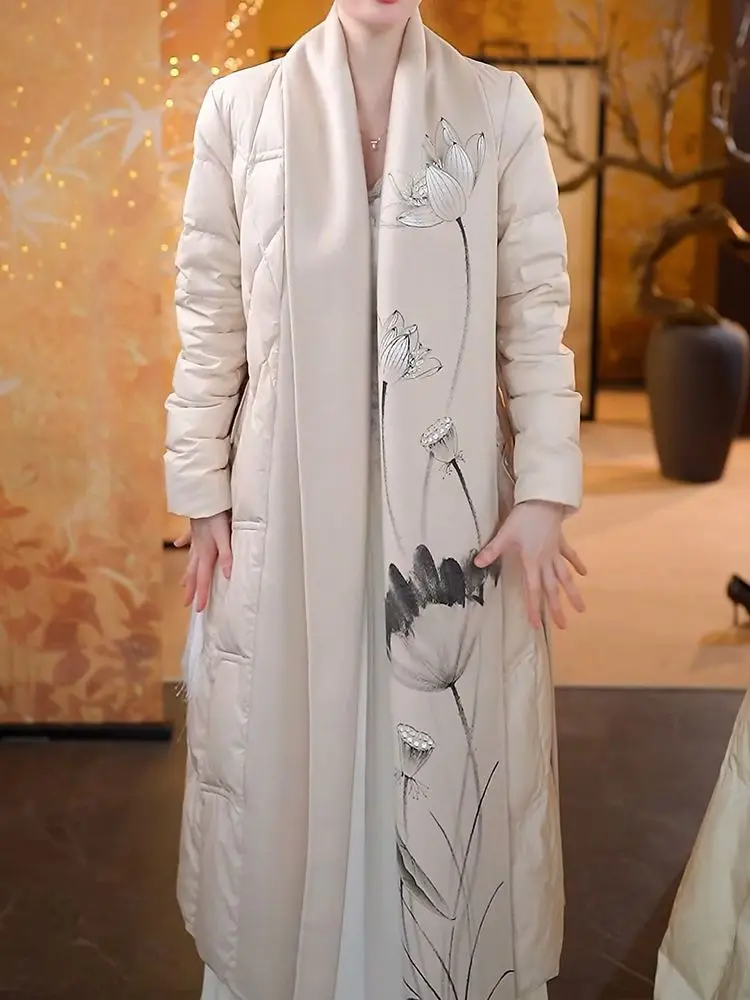 Chinese stijl dikke warme donsjas 2025, herfst winter nieuwe mode elegante lange jas