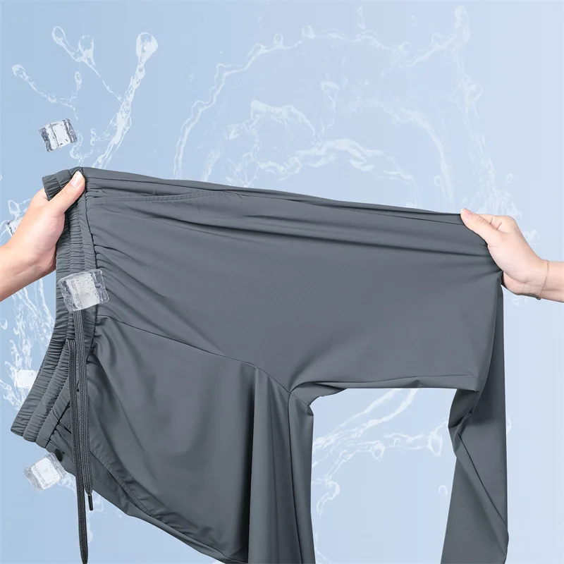 Men's Ice Silk Pants Summer Thin Loose Straight Leg Athletic Trousers Cooling Stretch Pants For Man Casual Men Long Pants