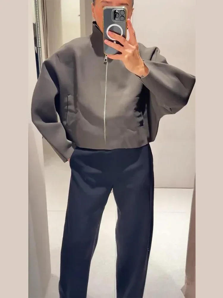 Women Casual Knitted Coat Solid Stand Collar Full Sleeve Zipper Loose Cropped Coats 2026 Female Daily Commute Fashion Outerwear