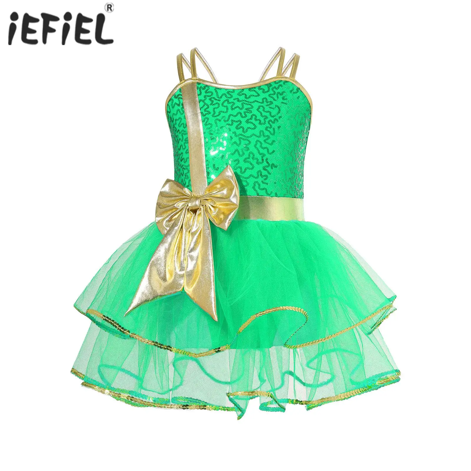 Girls Sequins Elf Christmas Santa Fairy Party CostumeShiny Sequins Bow Xmas New Year Cami Dress Modern Ballet Dance Tutu Dress