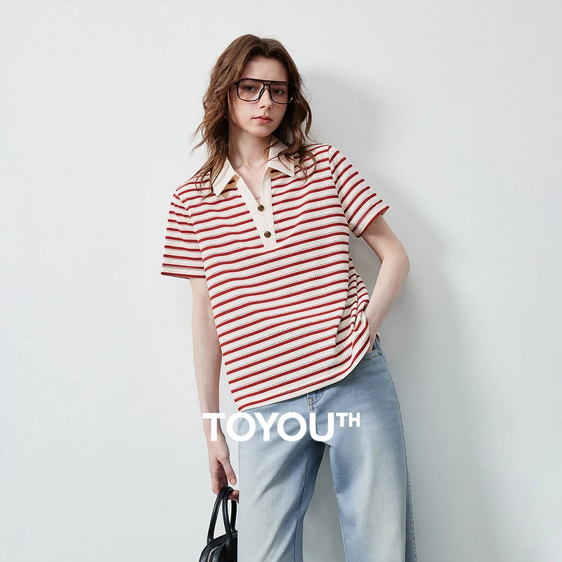 TOYOUTH Women's T-Shirt 2026 Summer New Hollow Stripe Color Block Polo Collar Nautical Top, Loose Fit Vintage Tee