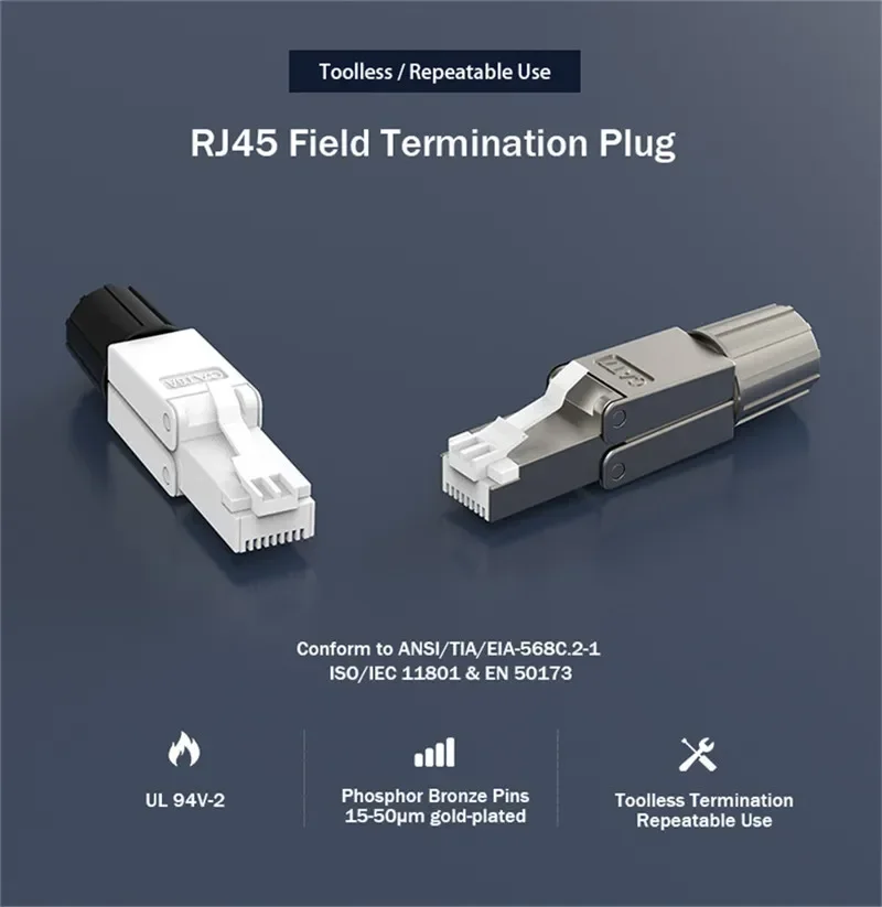 RJ45 Cat7 6 6A Connector Shielded Ethernet LAN Conector STP 8P8C Plug Termination for Cat6/6A/7 23AWG Solid Installation Cable