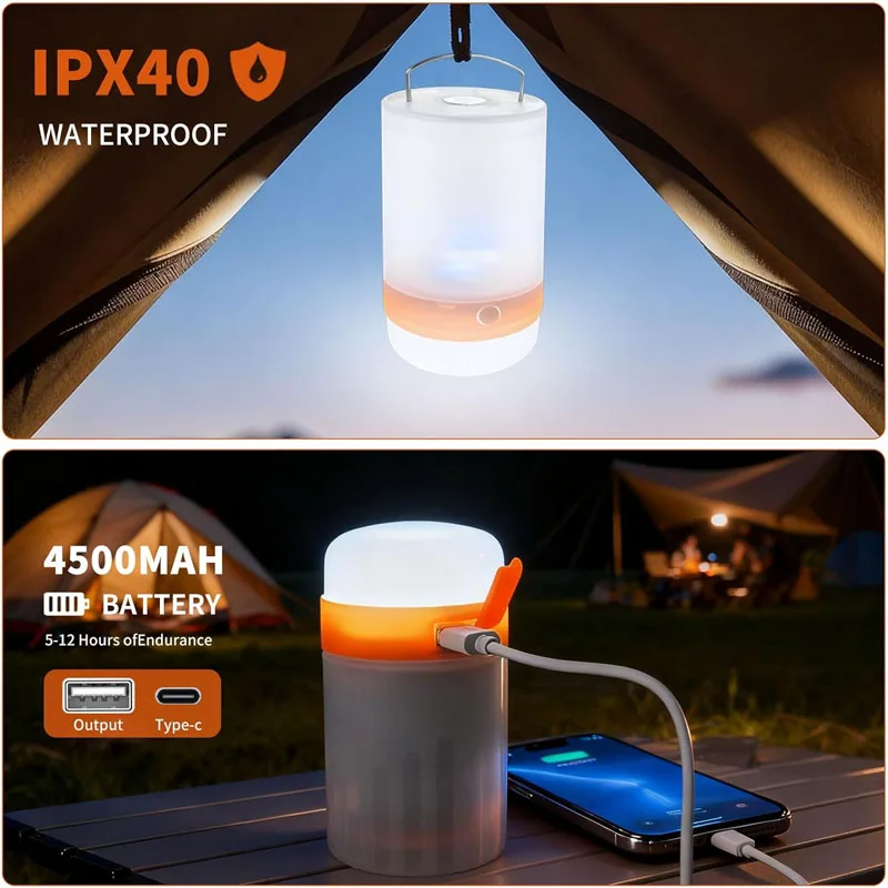 أضواء سلسلة التخييم المحمولة مقاوم للماء مصباح التخييم معلقة خيمة قابلة للشحن فانوس لزينة عيد الميلاد حفلة الفناء