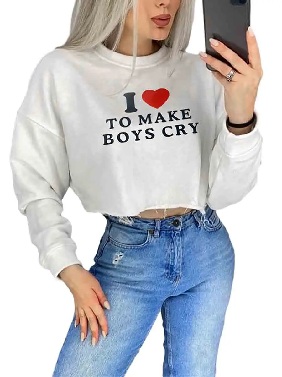 

Women's Cropped Sweatshirts Letter Heart Print Crew Neck Long Sleeve Casual Loose Crop Pullovers Fall Winter Tops