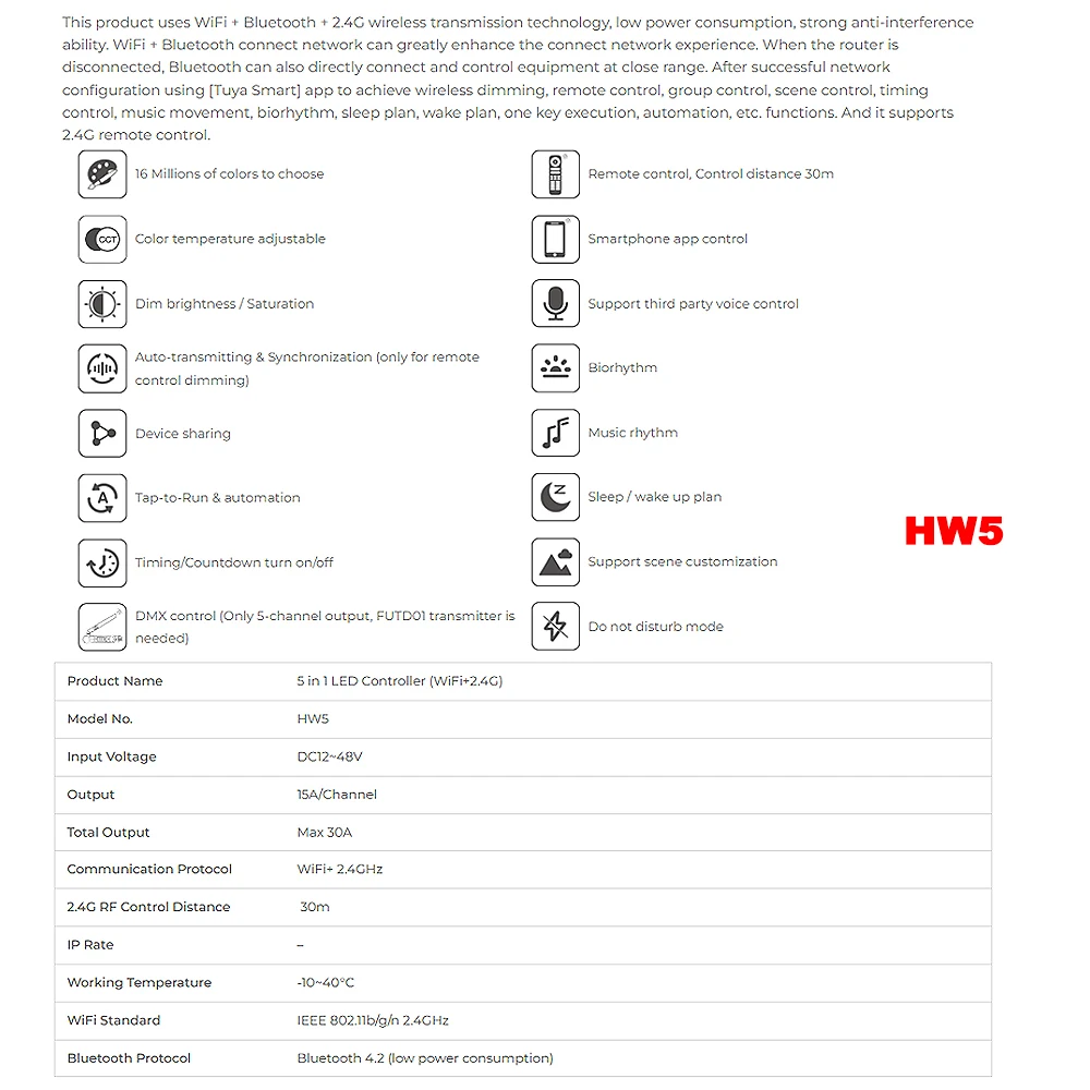 Miboxer HW2 2IN1 HW5 5IN1 2.4GWiFi + kontroler RF duży prąd maks. 30A dla pojedynczego koloru/dwóch białych/RGB/RGBW/RGB+CCT taśmy Led