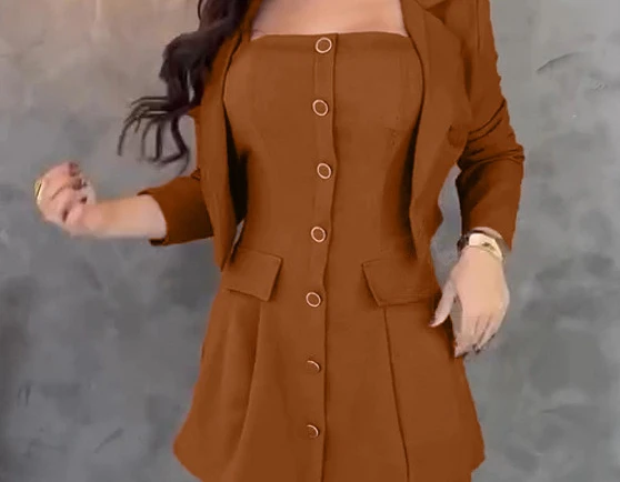 女性用2ピースセット、折り返し襟のコートとコールドショルダーのスパゲッティストラップボタン付きスカートセット